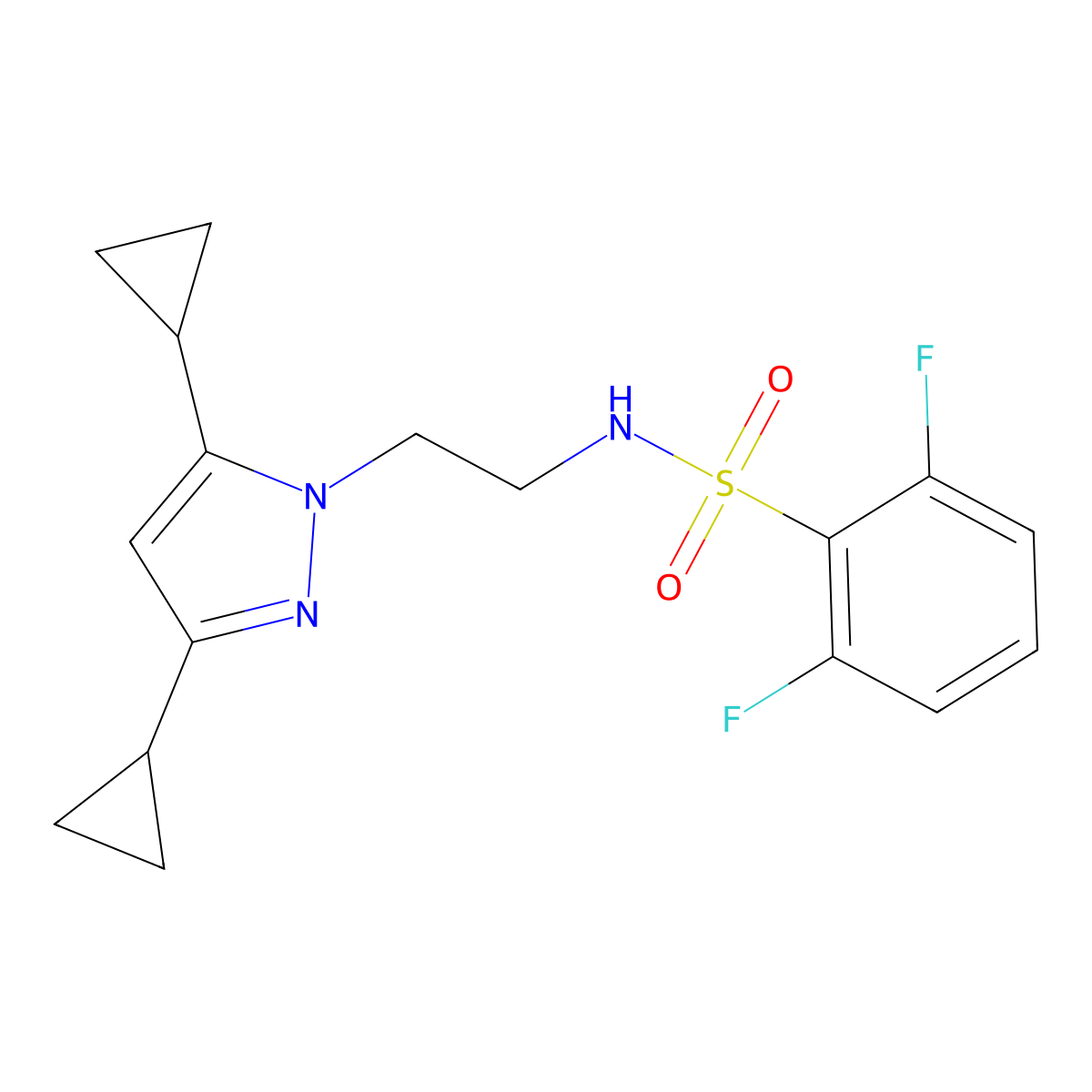N-(2-(3,5-dicyclopropyl-1H-pyrazol-1-yl)ethyl)-2,6-difluorobenzenesulfonamide molecular structure, CAS 2309605-18-1