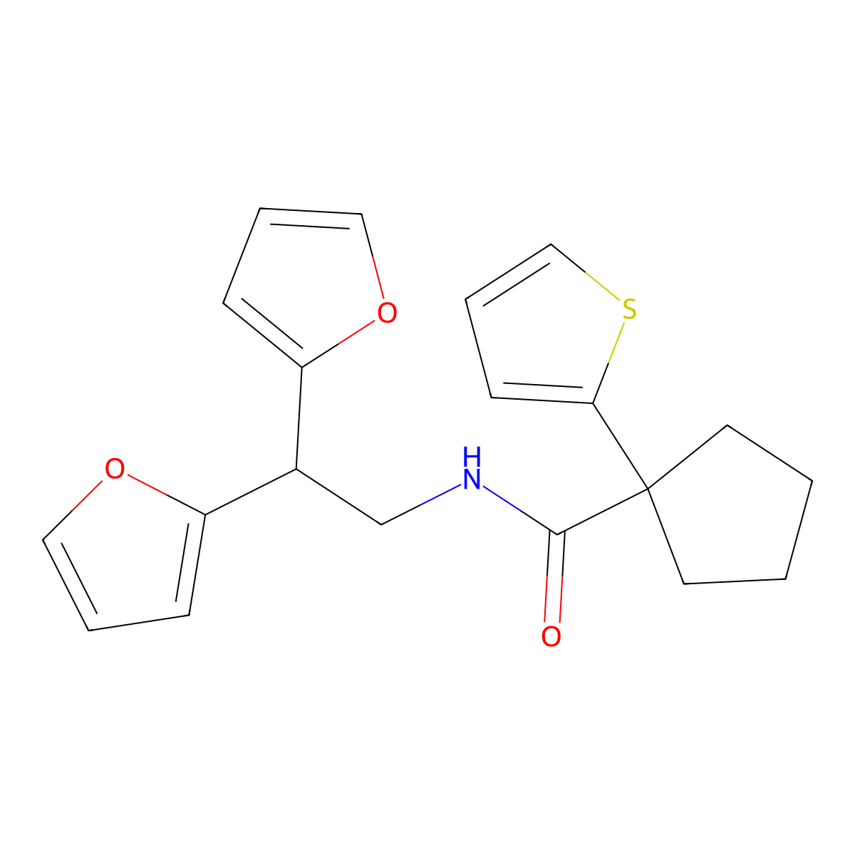 N-[2,2-bis(furan-2-yl)ethyl]-1-(thiophen-2-yl)cyclopentane-1-carboxamide molecular structure, CAS 2309605-89-6