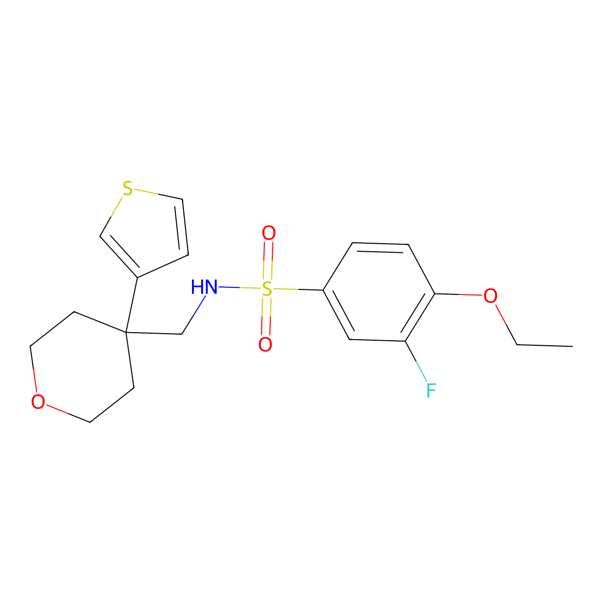 4-ethoxy-3-fluoro-N-((4-(thiophen-3-yl)tetrahydro-2H-pyran-4-yl)methyl)benzenesulfonamide molecular structure, CAS 2309605-96-5