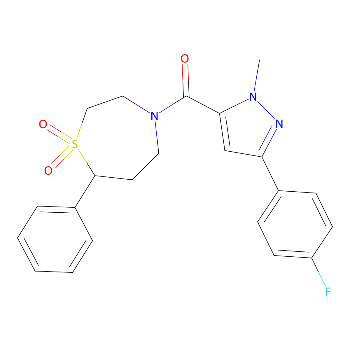 (1,1-dioxido-7-phenyl-1,4-thiazepan-4-yl)(3-(4-fluorophenyl)-1-methyl-1H-pyrazol-5-yl)methanone molecular structure, CAS 2309606-08-2