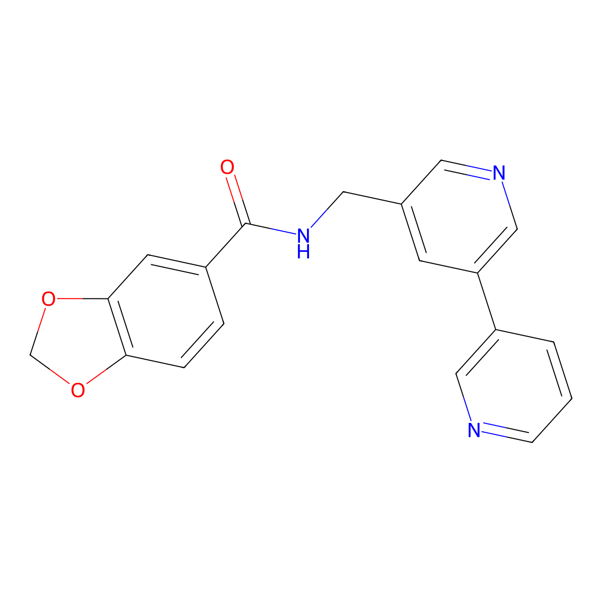 N-({[3,3'-bipyridine]-5-yl}methyl)-2H-1,3-benzodioxole-5-carboxamide molecular structure, CAS 2309606-25-3