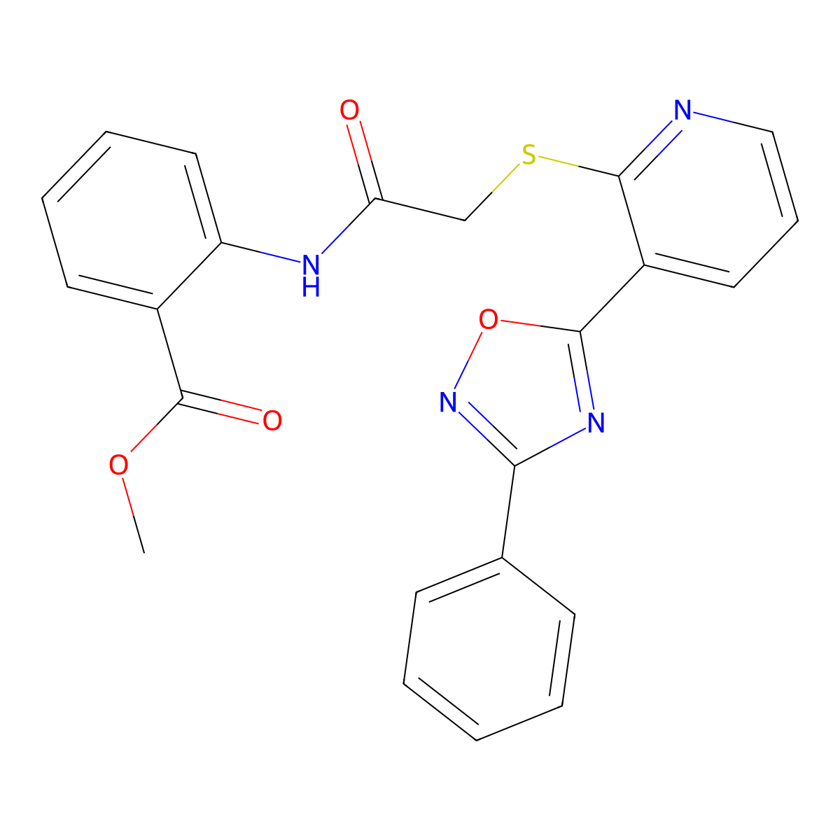 Methyl 2-(2-{[3-(3-phenyl-1,2,4-oxadiazol-5-yl)pyridin-2-yl]sulfanyl}acetamido)benzoate molecular structure, CAS 2309612-87-9