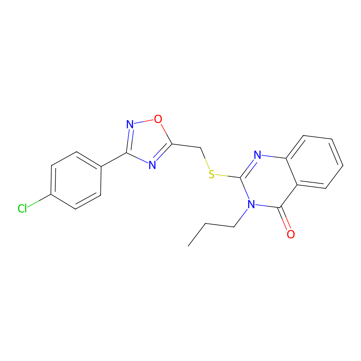 2-[[3-(4-Chlorophenyl)-1,2,4-oxadiazol-5-yl]methylsulfanyl]-3-propylquinazolin-4-one molecular structure, CAS 2309613-65-6