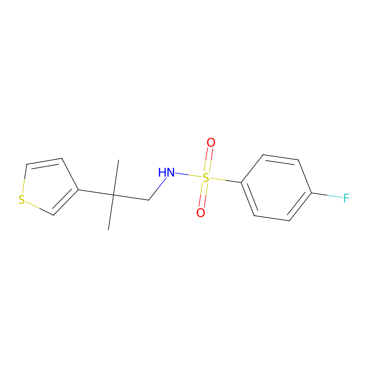 4-fluoro-N-(2-methyl-2-(thiophen-3-yl)propyl)benzenesulfonamide molecular structure, CAS 2309623-13-8