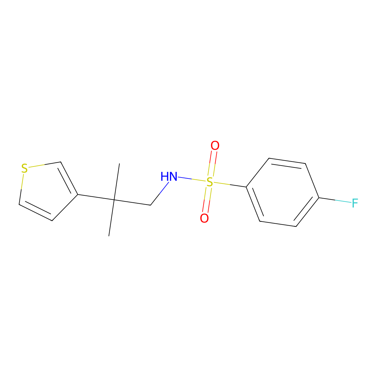 4-fluoro-N-(2-methyl-2-(thiophen-3-yl)propyl)benzenesulfonamide molecular structure, CAS 2309623-13-8