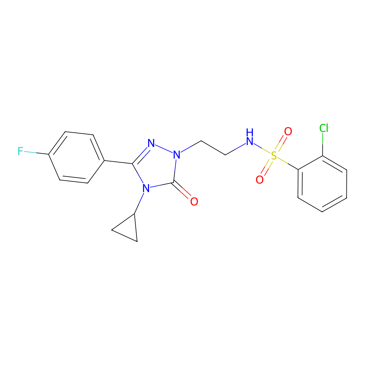 2-chloro-N-(2-(4-cyclopropyl-3-(4-fluorophenyl)-5-oxo-4,5-dihydro-1H-1,2,4-triazol-1-yl)ethyl)benzenesulfonamide molecular structure, CAS 2309623-48-9