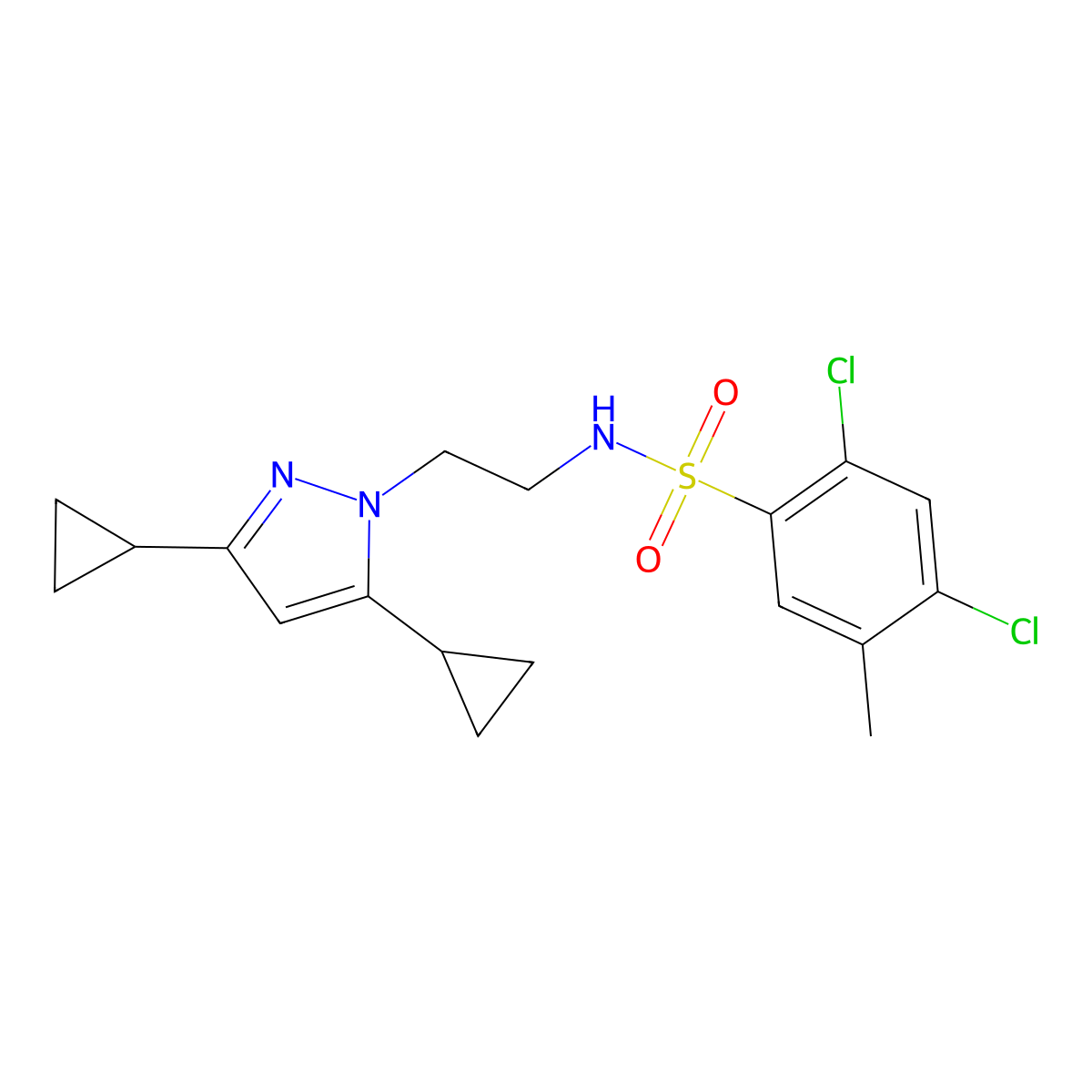 2,4-dichloro-N-(2-(3,5-dicyclopropyl-1H-pyrazol-1-yl)ethyl)-5-methylbenzenesulfonamide molecular structure, CAS 2309624-31-3