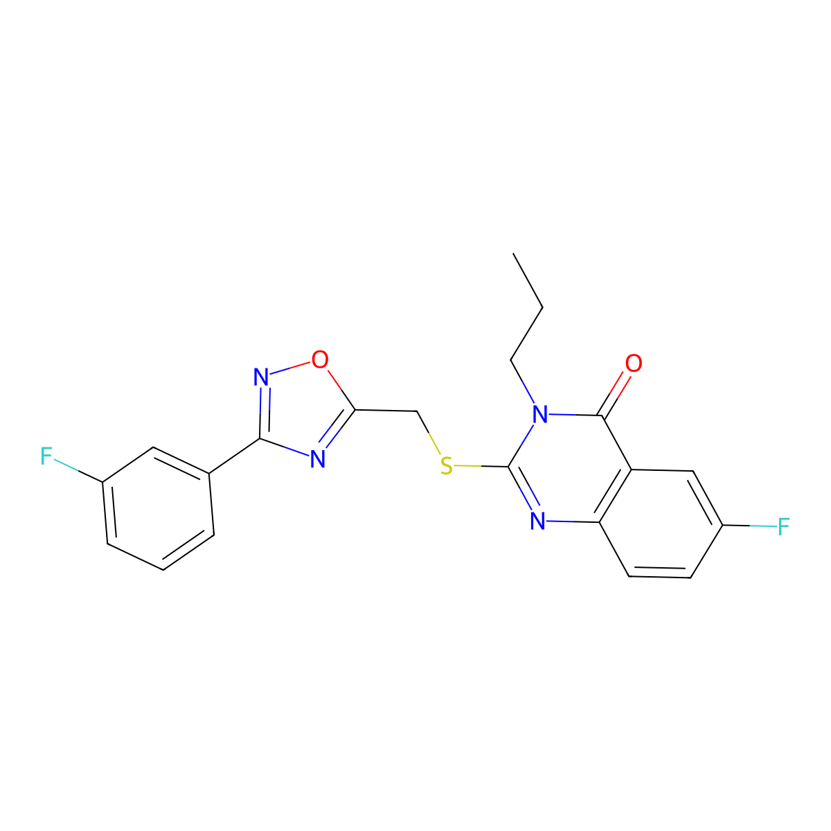 6-fluoro-2-(((3-(3-fluorophenyl)-1,2,4-oxadiazol-5-yl)methyl)thio)-3-propylquinazolin-4(3H)-one molecular structure, CAS 2309625-79-2