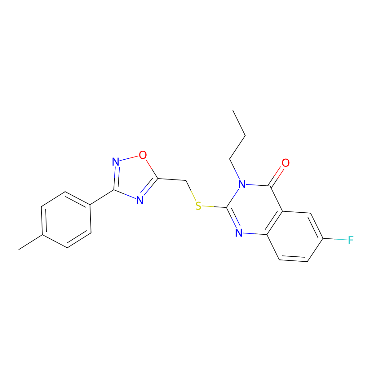 6-fluoro-3-propyl-2-(((3-(p-tolyl)-1,2,4-oxadiazol-5-yl)methyl)thio)quinazolin-4(3H)-one molecular structure, CAS 2309625-86-1