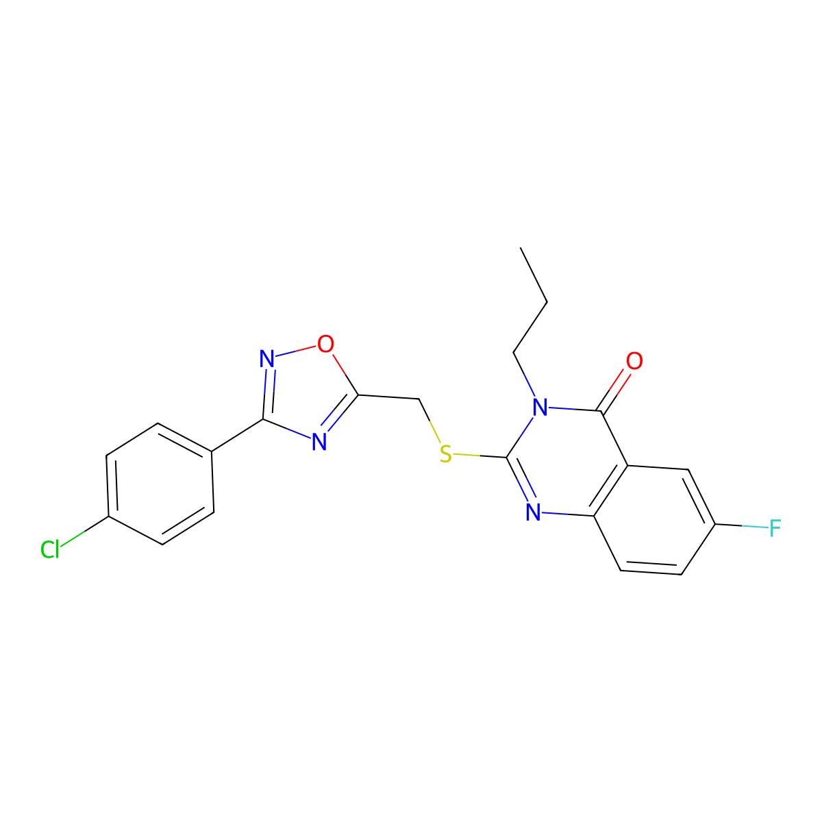 2-(((3-(4-chlorophenyl)-1,2,4-oxadiazol-5-yl)methyl)thio)-6-fluoro-3-propylquinazolin-4(3H)-one molecular structure, CAS 2309626-08-0