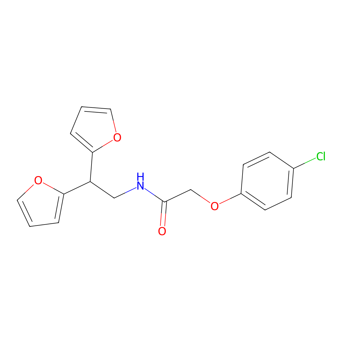 N-[2,2-bis(furan-2-yl)ethyl]-2-(4-chlorophenoxy)acetamide molecular structure, CAS 2309629-50-1