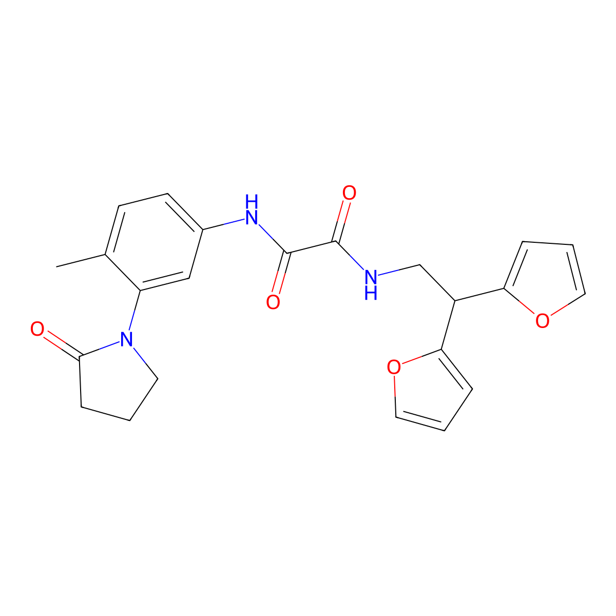 N-[2,2-bis(furan-2-yl)ethyl]-N'-[4-methyl-3-(2-oxopyrrolidin-1-yl)phenyl]ethanediamide molecular structure, CAS 2309630-34-8