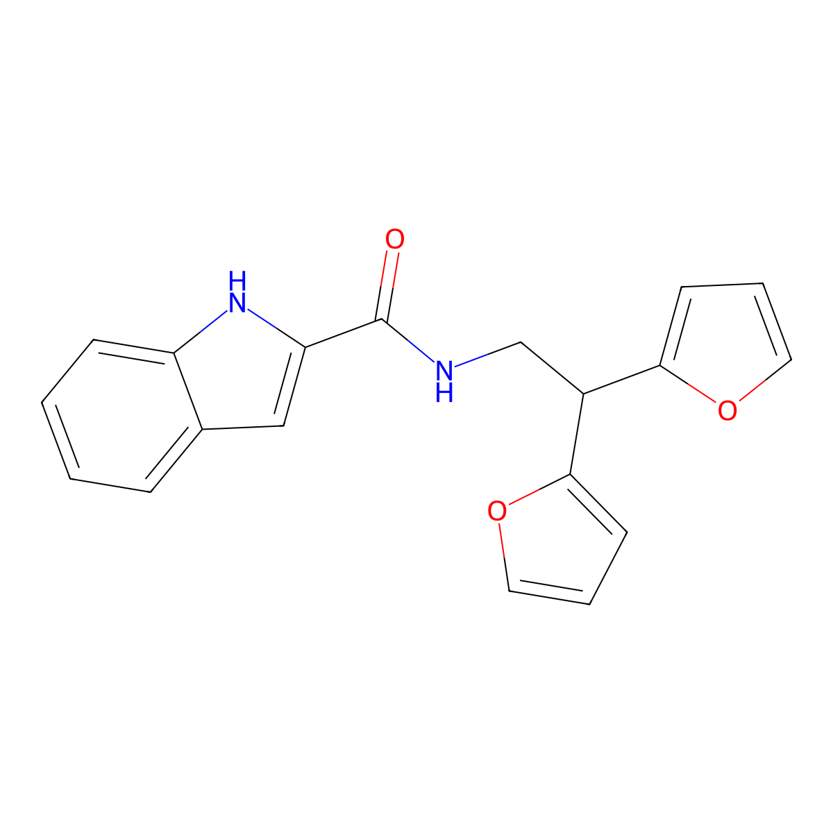 N-[2,2-bis(furan-2-yl)ethyl]-1H-indole-2-carboxamide molecular structure, CAS 2309630-43-9