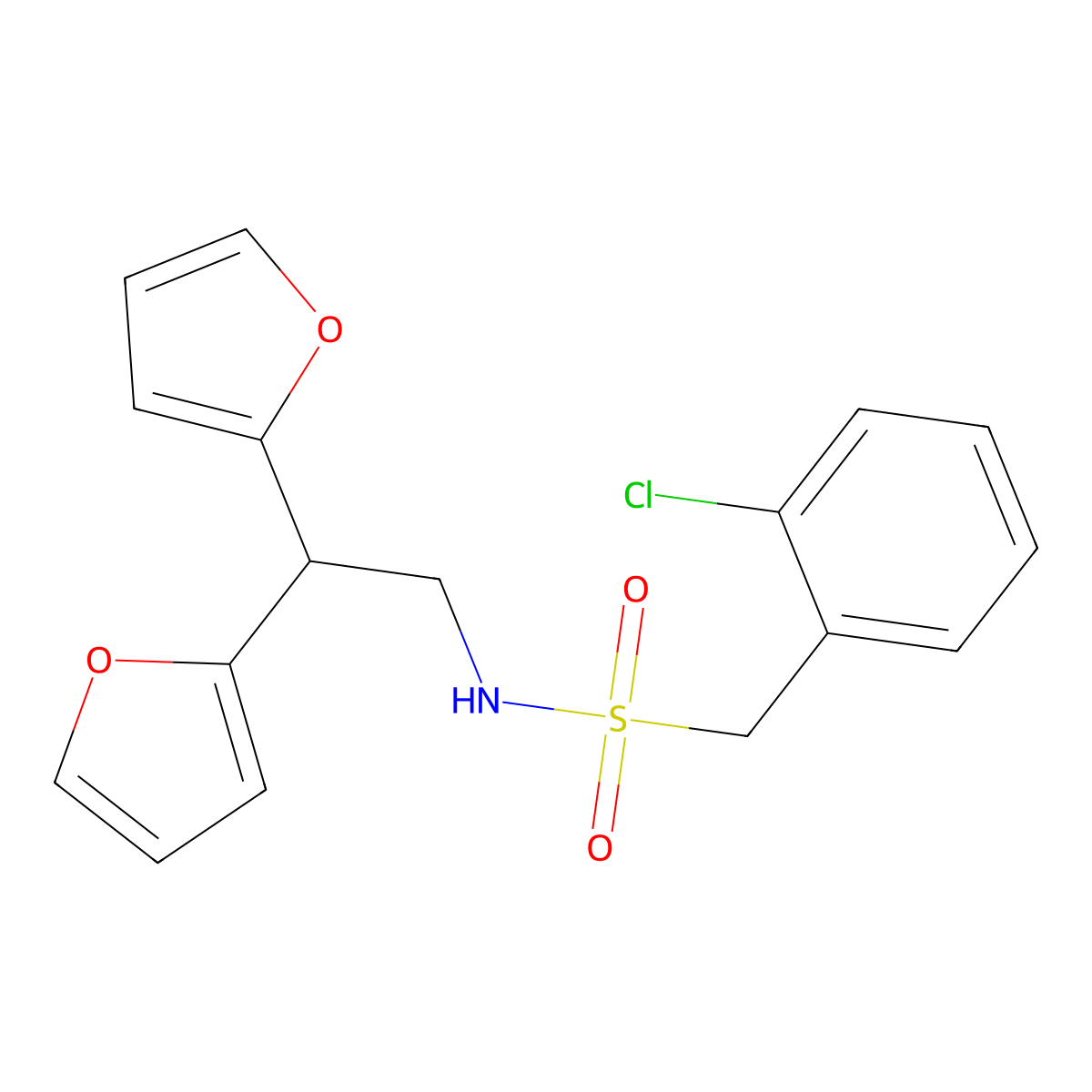 N-[2,2-bis(furan-2-yl)ethyl]-1-(2-chlorophenyl)methanesulfonamide molecular structure, CAS 2309630-56-4