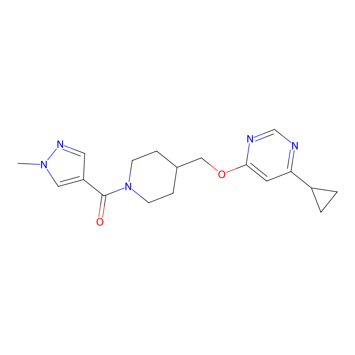 4-cyclopropyl-6-{[1-(1-methyl-1H-pyrazole-4-carbonyl)piperidin-4-yl]methoxy}pyrimidine molecular structure, CAS 2309705-77-7