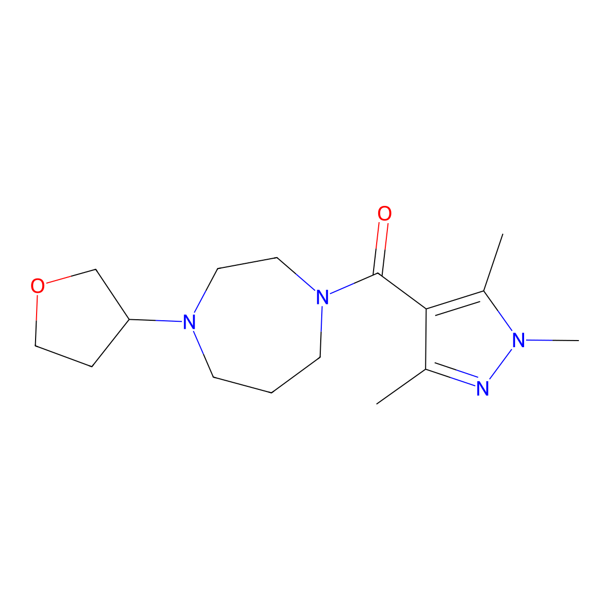 (4-(tetrahydrofuran-3-yl)-1,4-diazepan-1-yl)(1,3,5-trimethyl-1H-pyrazol-4-yl)methanone molecular structure, CAS 2309705-94-8
