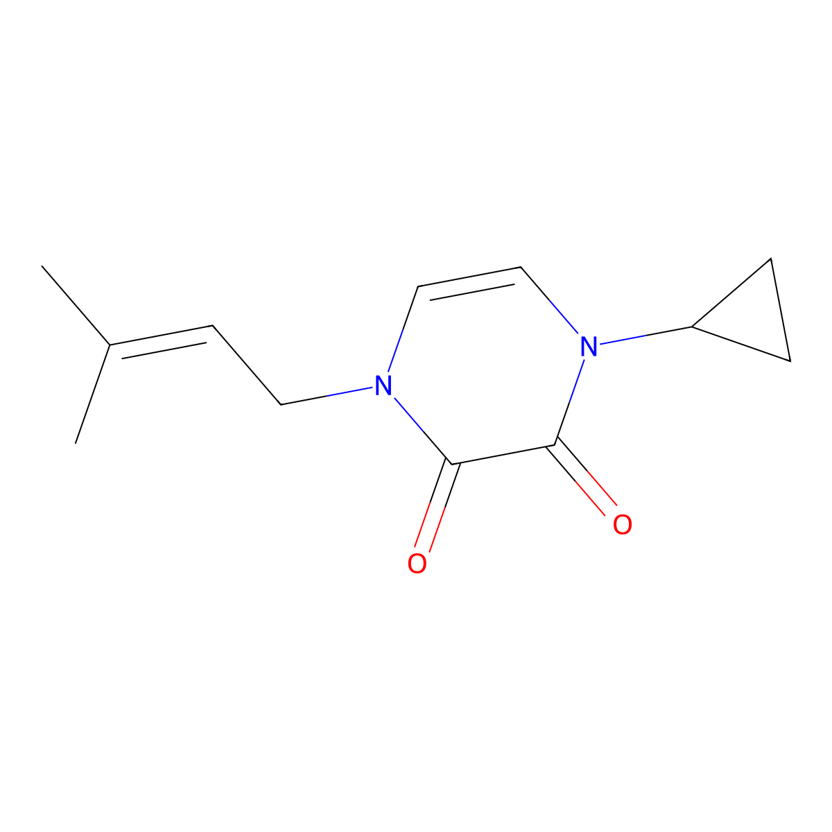 1-Cyclopropyl-4-(3-methylbut-2-en-1-yl)-1,2,3,4-tetrahydropyrazine-2,3-dione molecular structure, CAS 2309706-21-4