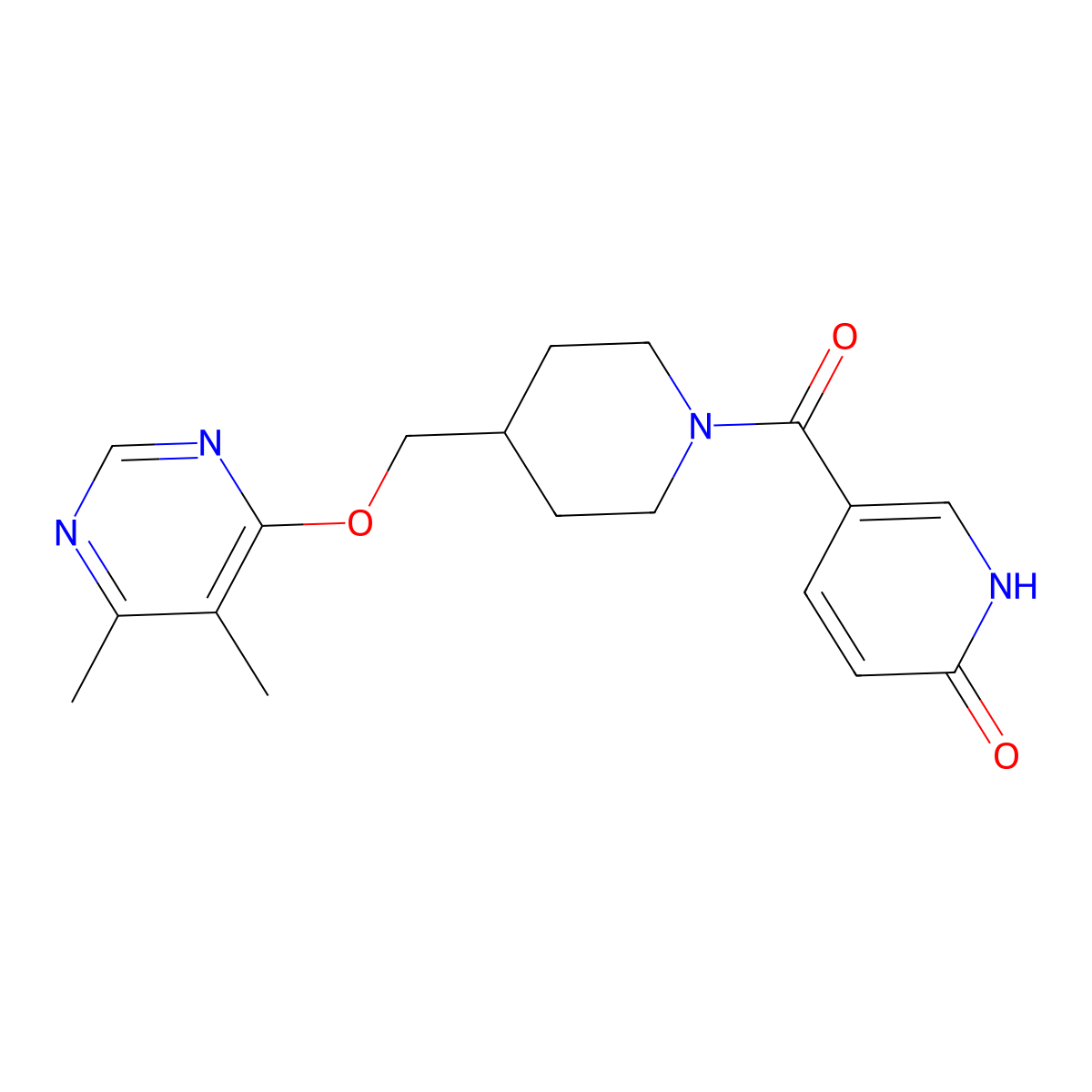 5-(4-(((5,6-dimethylpyrimidin-4-yl)oxy)methyl)piperidine-1-carbonyl)pyridin-2(1H)-one molecular structure, CAS 2309706-97-4