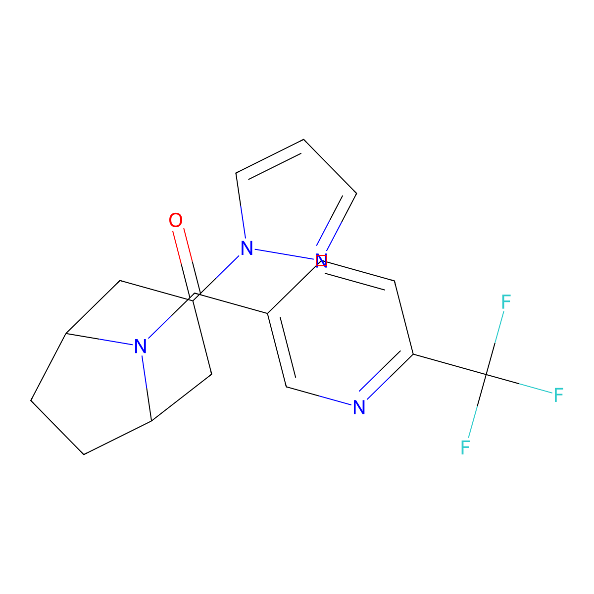 3-(1H-pyrazol-1-yl)-8-[6-(trifluoromethyl)pyridine-3-carbonyl]-8-azabicyclo[3.2.1]octane molecular structure, CAS 2309707-35-3