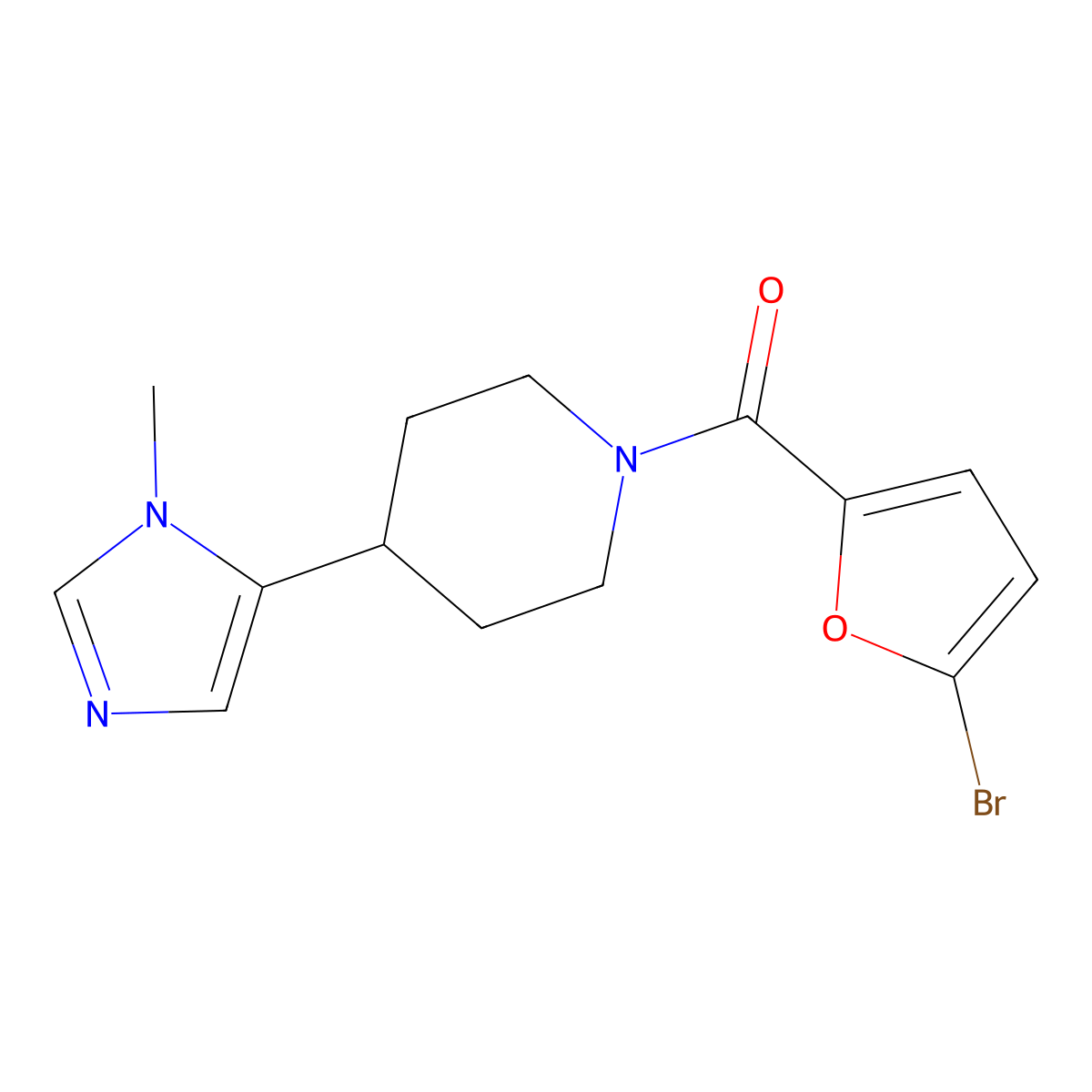 1-(5-bromofuran-2-carbonyl)-4-(1-methyl-1H-imidazol-5-yl)piperidine molecular structure, CAS 2309707-97-7