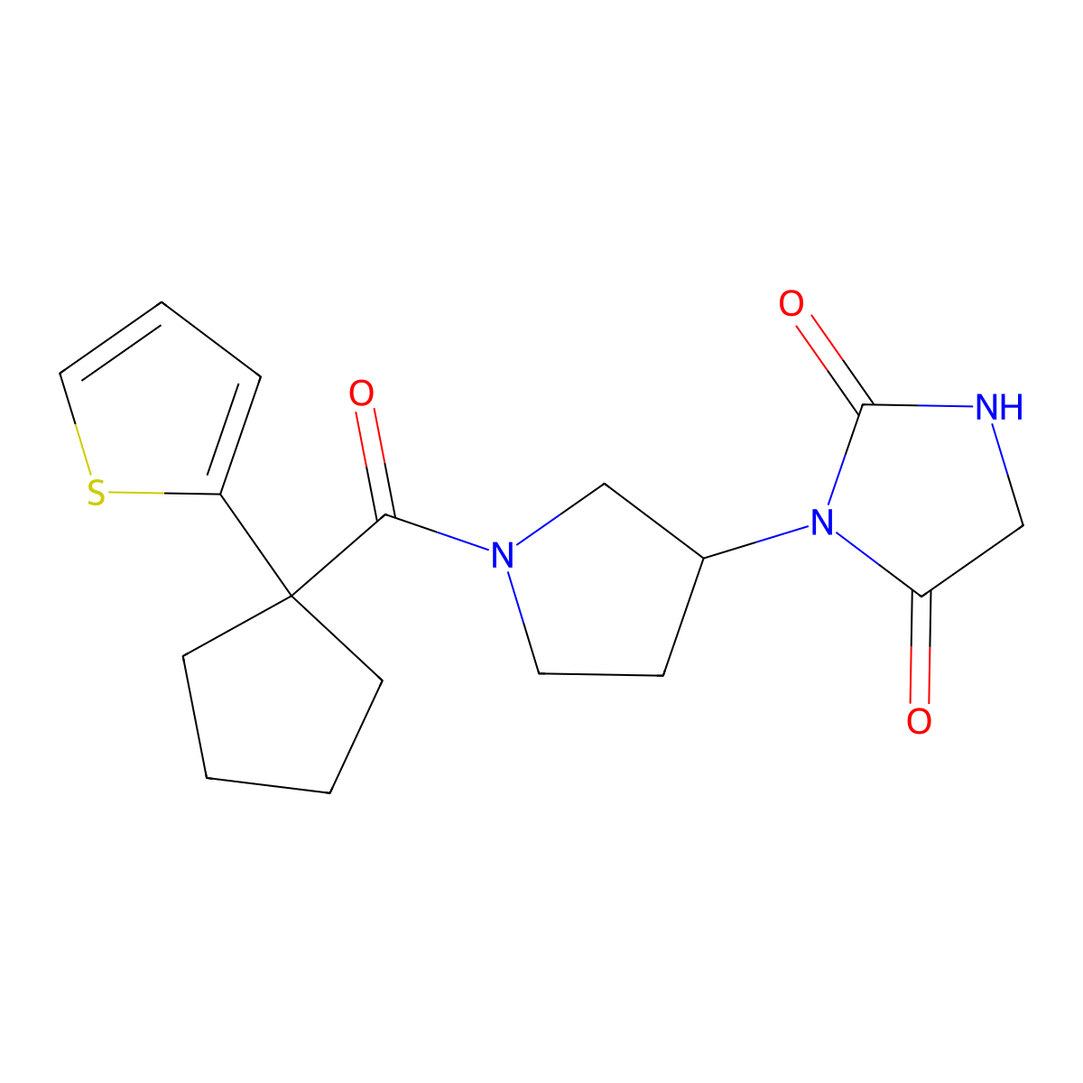 3-(1-(1-(Thiophen-2-yl)cyclopentanecarbonyl)pyrrolidin-3-yl)imidazolidine-2,4-dione molecular structure, CAS 2309708-23-2