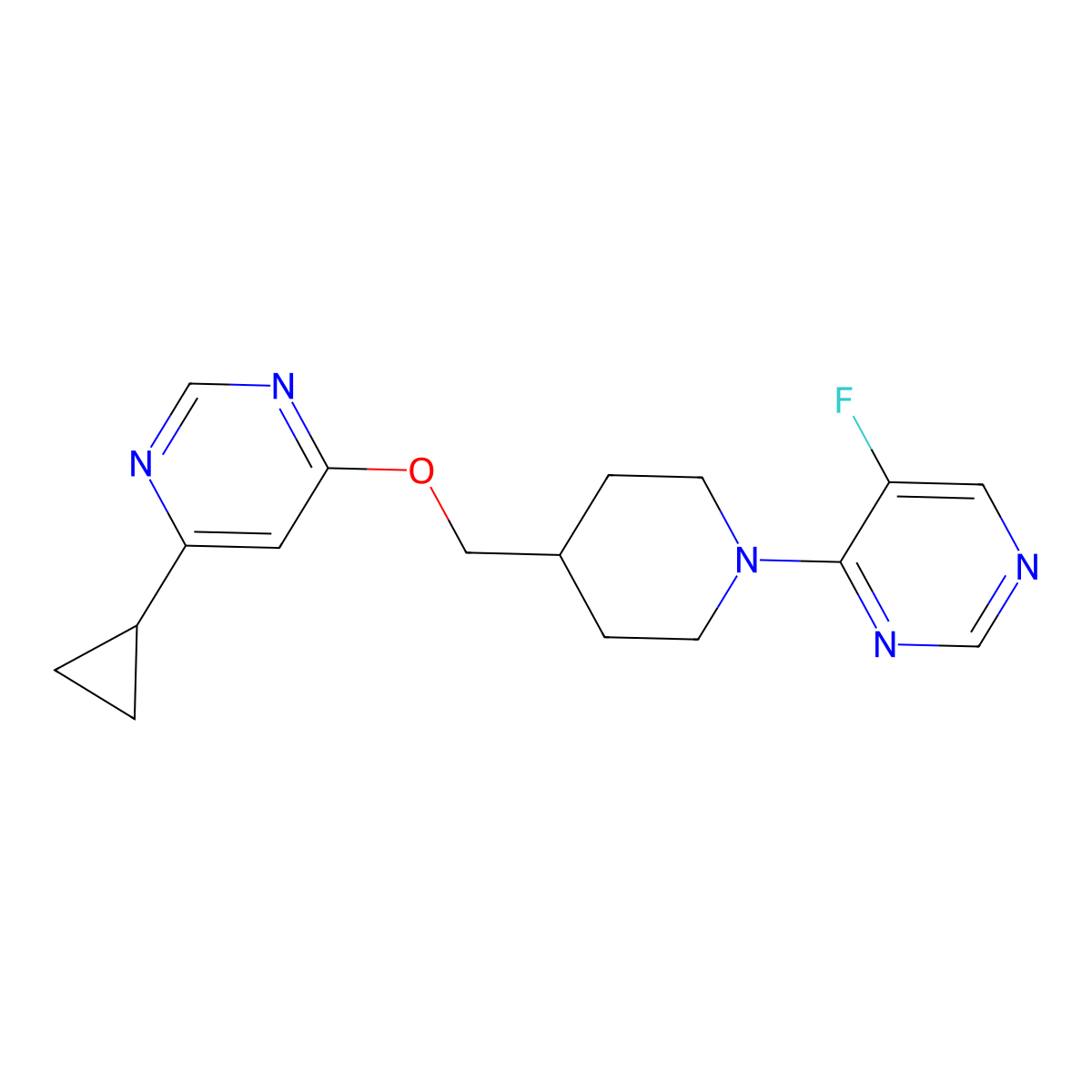 4-(4-{[(6-Cyclopropylpyrimidin-4-yl)oxy]methyl}piperidin-1-yl)-5-fluoropyrimidine molecular structure, CAS 2309709-71-3