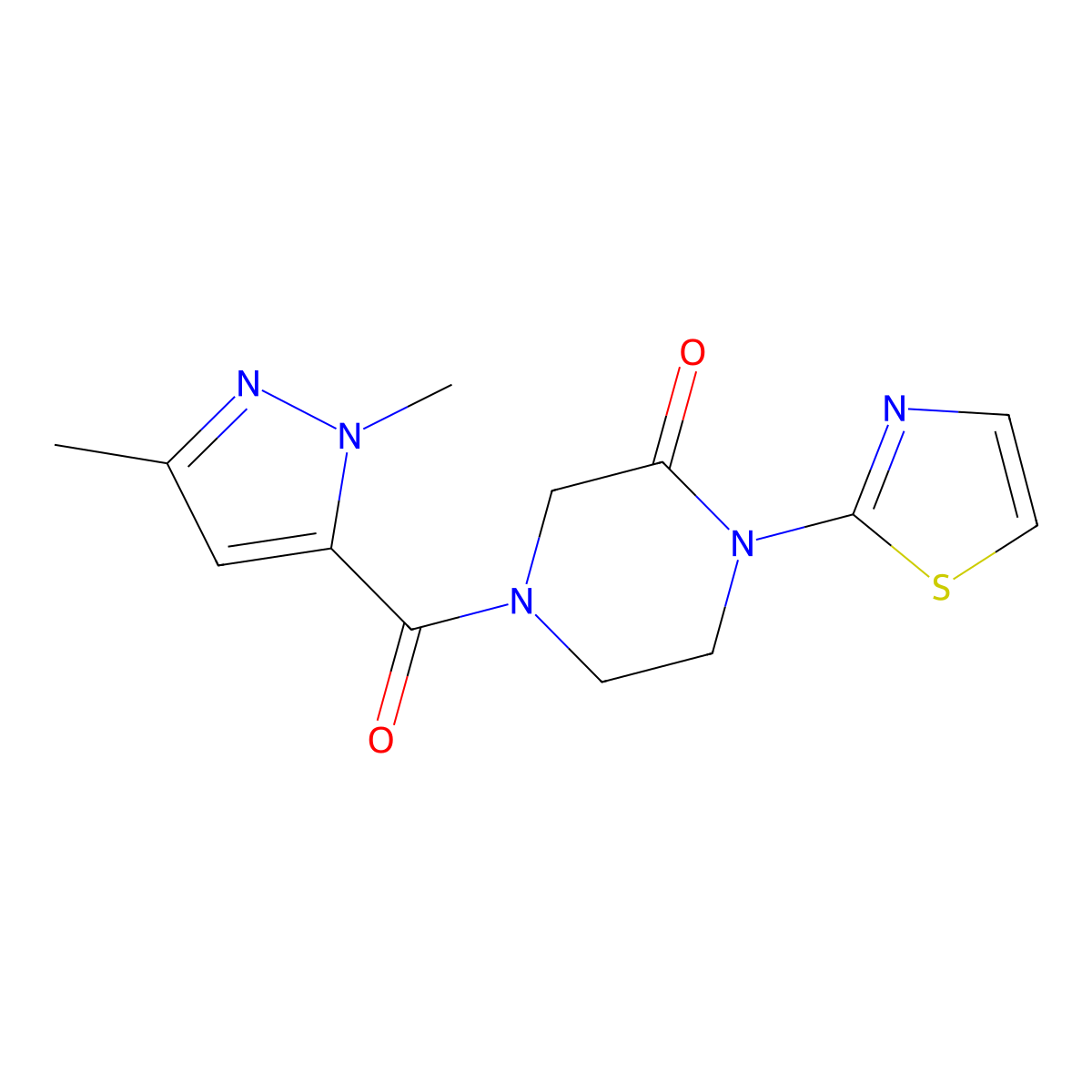 4-(1,3-dimethyl-1H-pyrazole-5-carbonyl)-1-(1,3-thiazol-2-yl)piperazin-2-one molecular structure, CAS 2309710-60-7