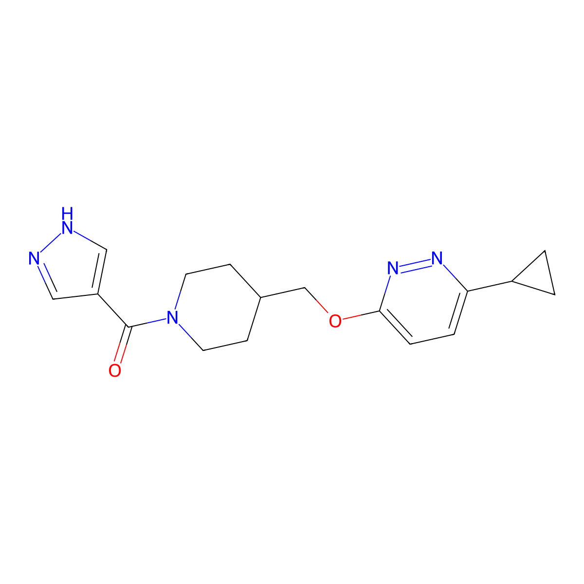 3-cyclopropyl-6-{[1-(1H-pyrazole-4-carbonyl)piperidin-4-yl]methoxy}pyridazine molecular structure, CAS 2309712-20-5