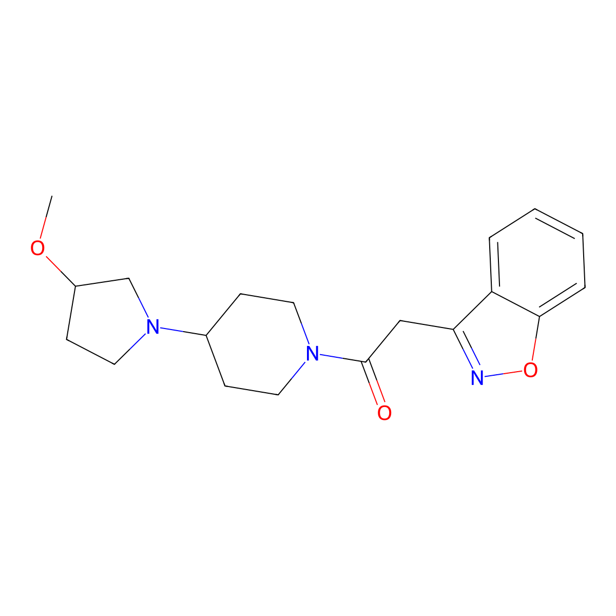 2-(1,2-Benzoxazol-3-yl)-1-[4-(3-methoxypyrrolidin-1-yl)piperidin-1-yl]ethan-1-one molecular structure, CAS 2309712-28-3