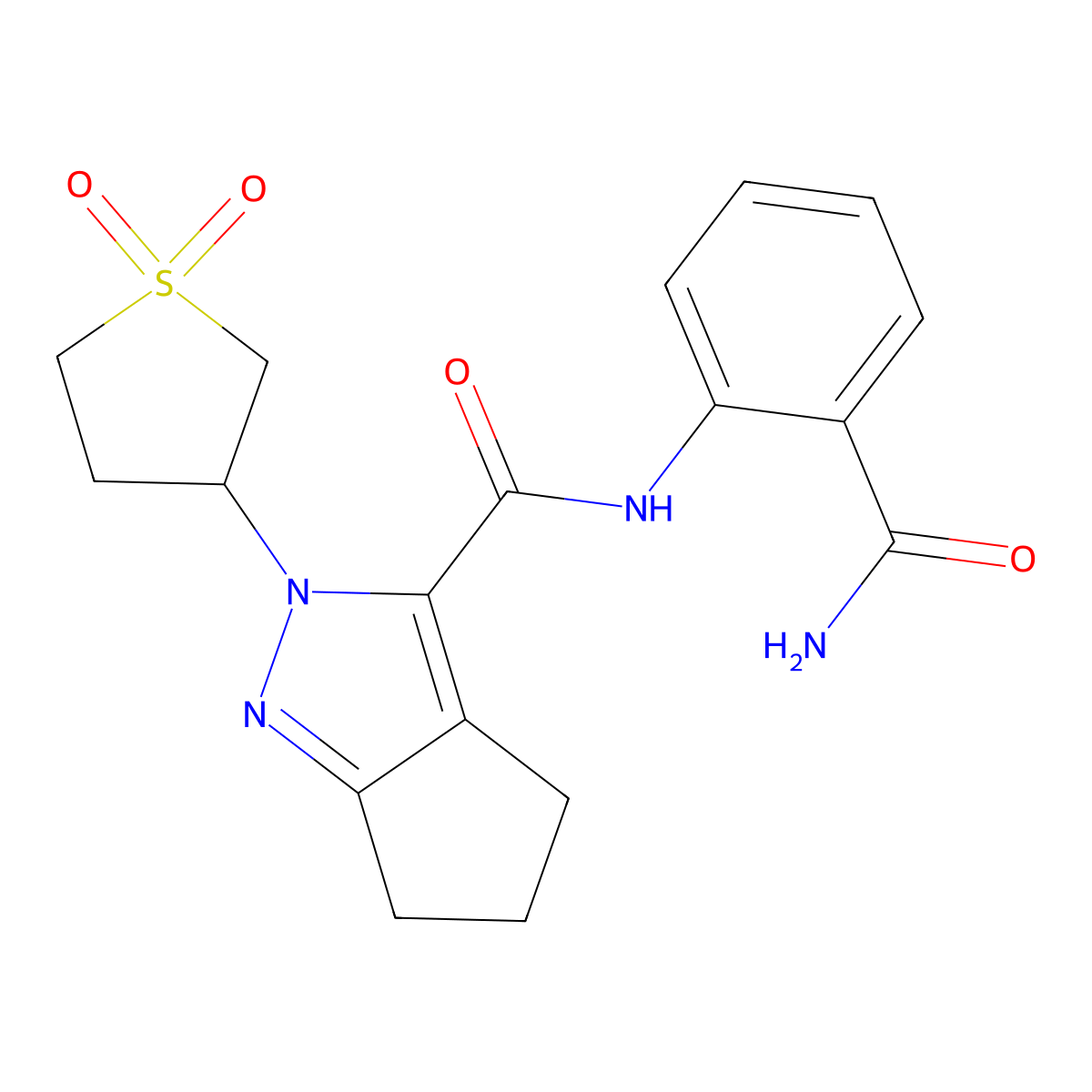 N-(2-carbamoylphenyl)-2-(1,1-dioxidotetrahydrothiophen-3-yl)-2,4,5,6-tetrahydrocyclopenta[c]pyrazole-3-carboxamide molecular structure, CAS 2309728-75-2
