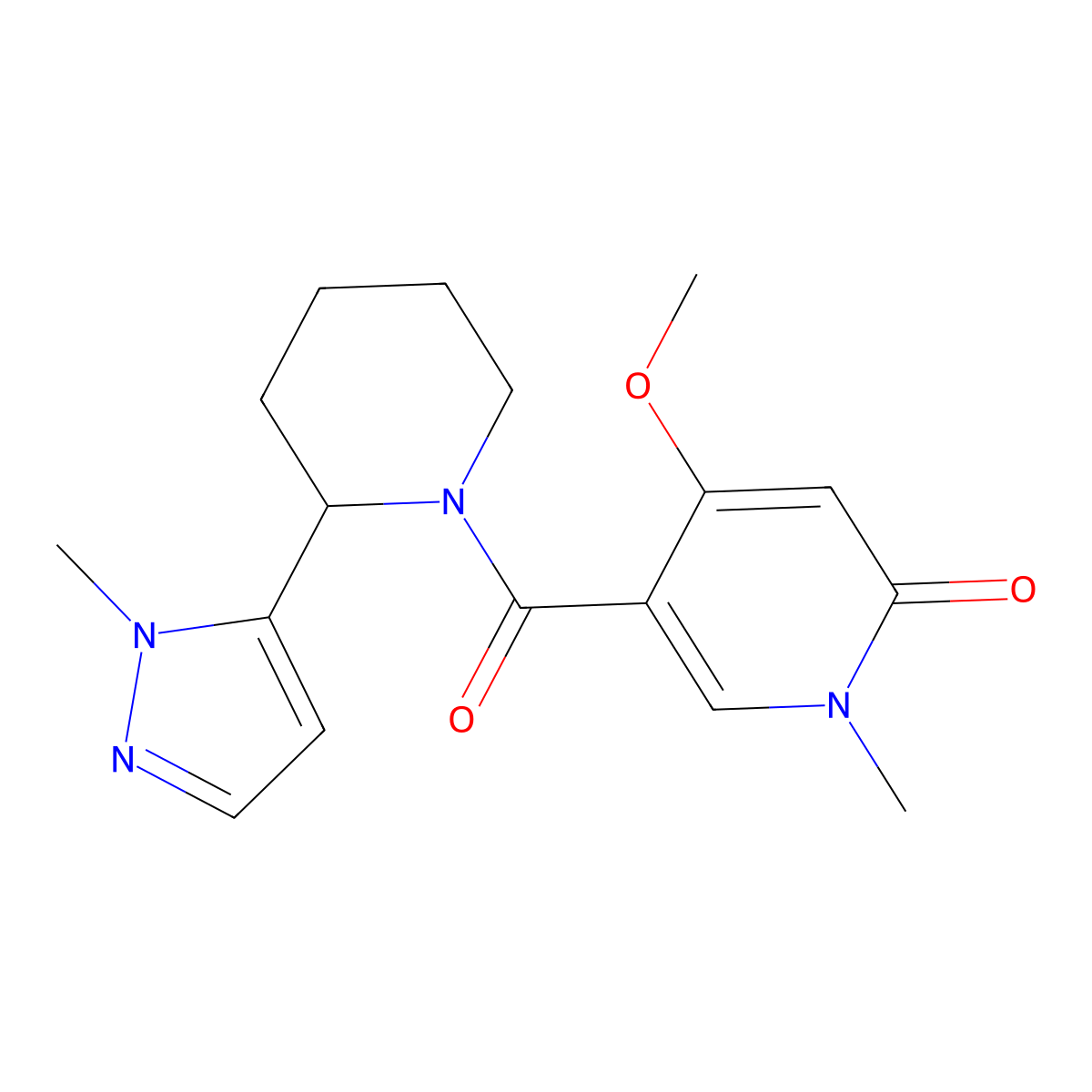 4-methoxy-1-methyl-5-[2-(1-methyl-1H-pyrazol-5-yl)piperidine-1-carbonyl]-1,2-dihydropyridin-2-one molecular structure, CAS 2309729-47-1