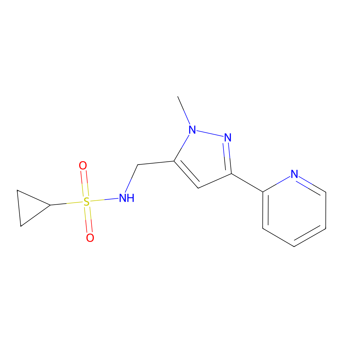 N-{[1-methyl-3-(pyridin-2-yl)-1H-pyrazol-5-yl]methyl}cyclopropanesulfonamide molecular structure, CAS 2309729-61-9