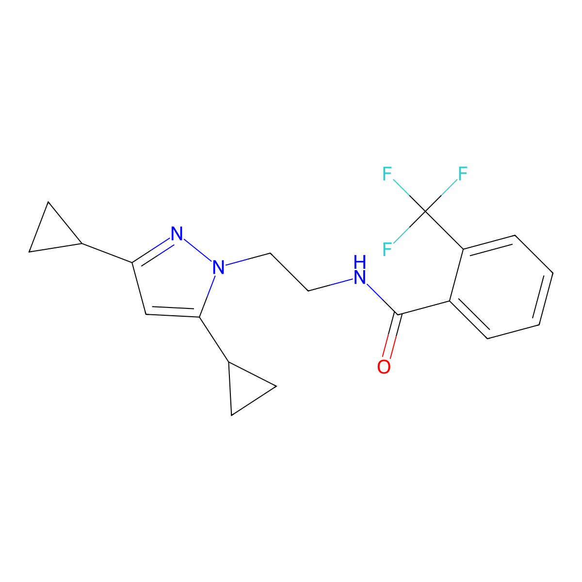 N-(2-(3,5-dicyclopropyl-1H-pyrazol-1-yl)ethyl)-2-(trifluoromethyl)benzamide molecular structure, CAS 2309730-97-8