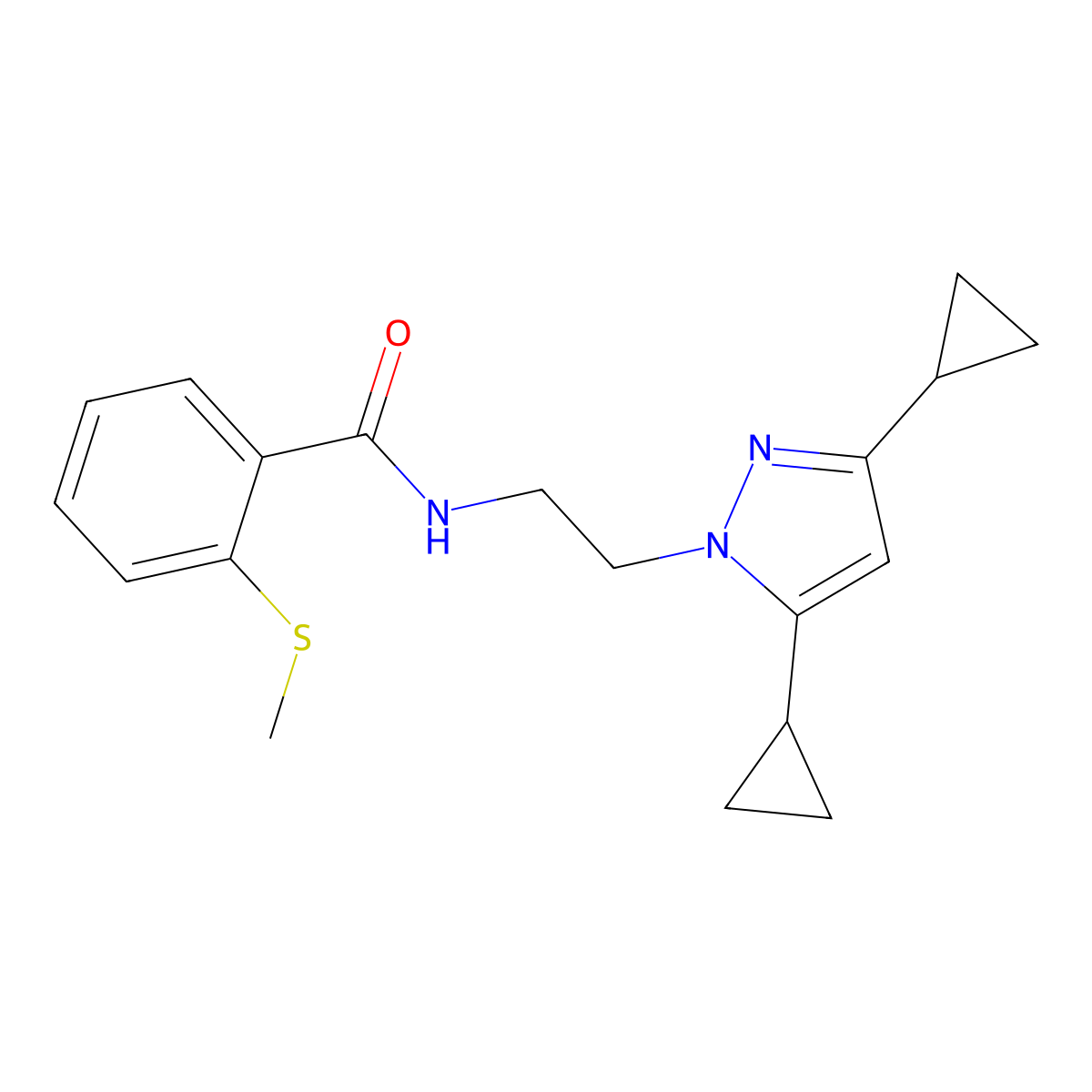 N-(2-(3,5-dicyclopropyl-1H-pyrazol-1-yl)ethyl)-2-(methylthio)benzamide molecular structure, CAS 2309731-47-1