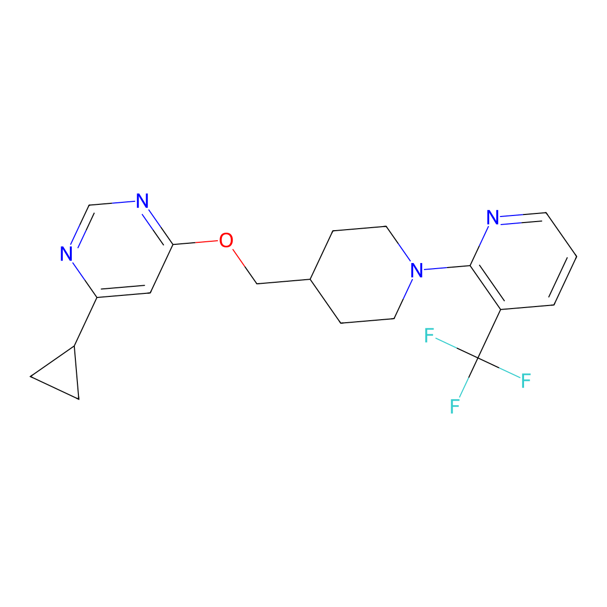 4-Cyclopropyl-6-((1-(3-(trifluoromethyl)pyridin-2-yl)piperidin-4-yl)methoxy)pyrimidine molecular structure, CAS 2309731-71-1