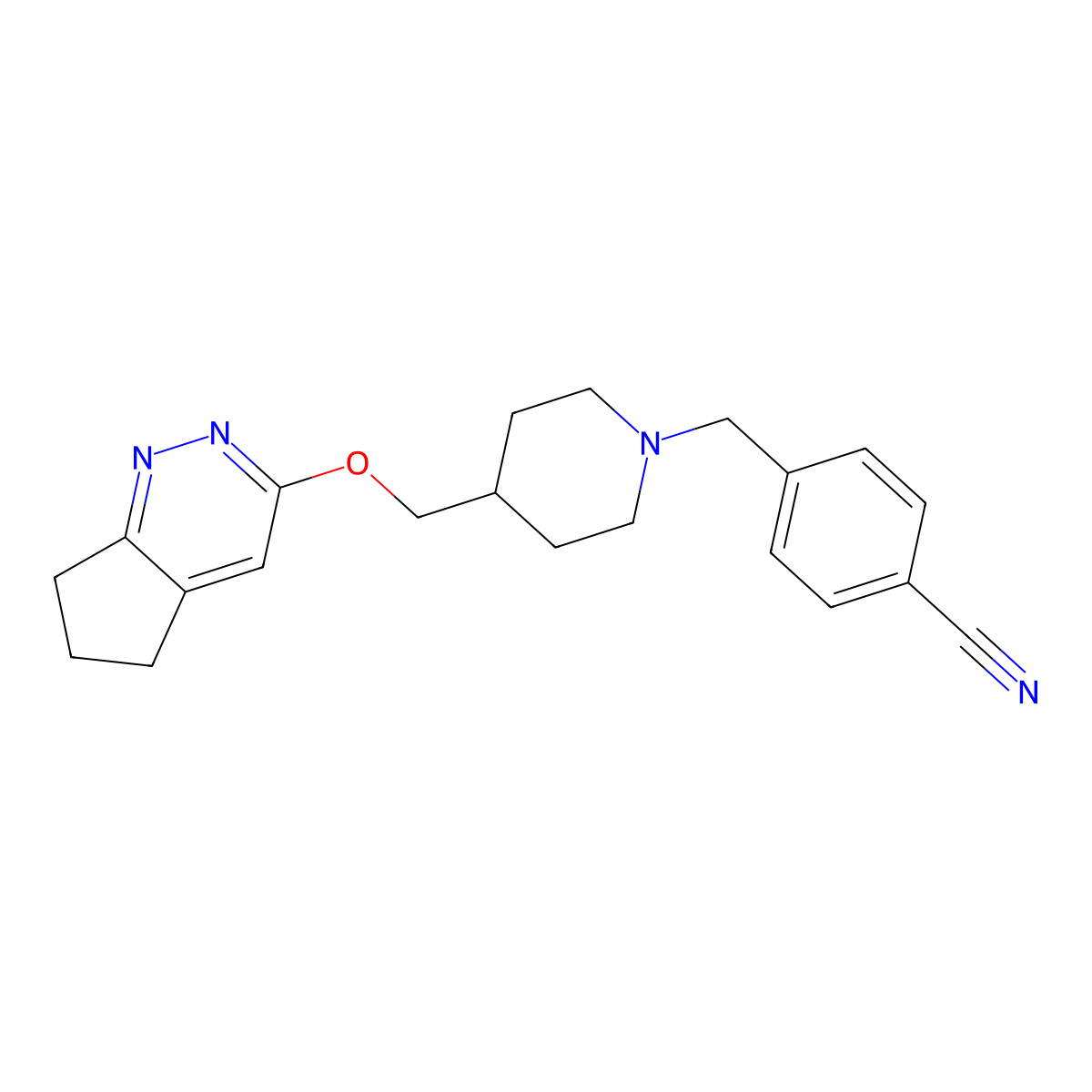 4-{[4-({5H,6H,7H-cyclopenta[c]pyridazin-3-yloxy}methyl)piperidin-1-yl]methyl}benzonitrile molecular structure, CAS 2309732-22-5