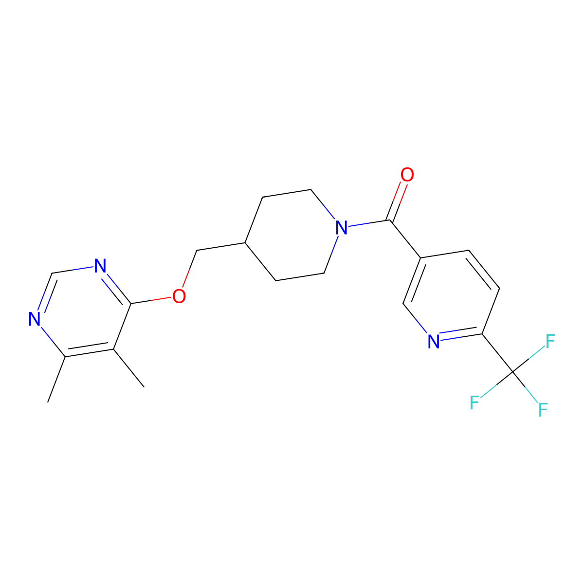(4-(((5,6-Dimethylpyrimidin-4-yl)oxy)methyl)piperidin-1-yl)(6-(trifluoromethyl)pyridin-3-yl)methanone molecular structure, CAS 2309732-27-0