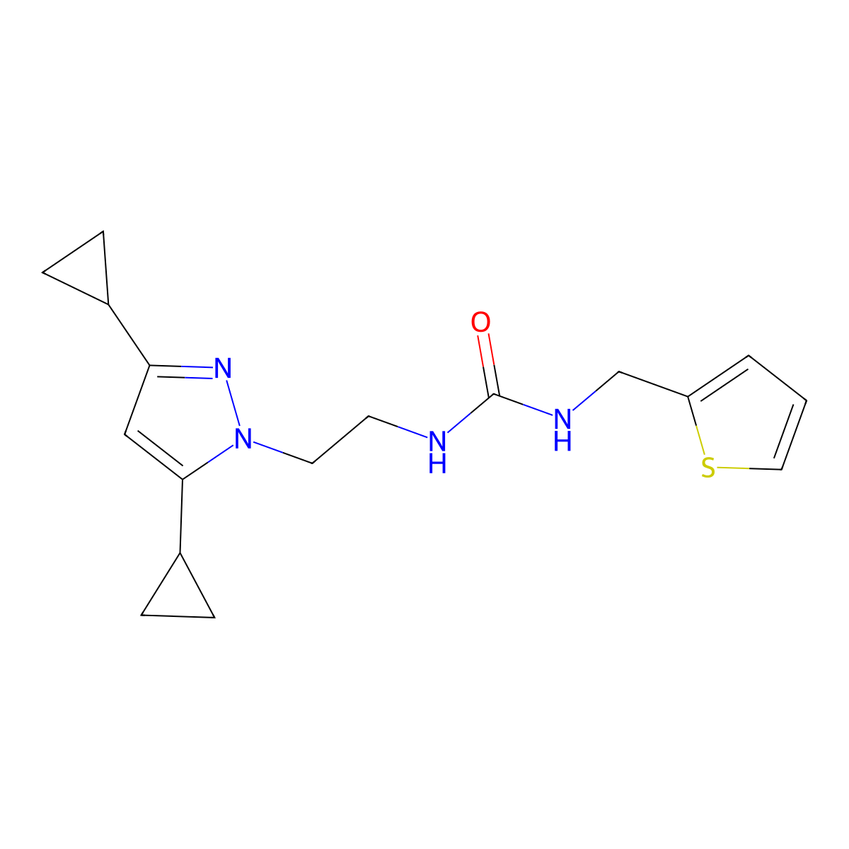 1-(2-(3,5-dicyclopropyl-1H-pyrazol-1-yl)ethyl)-3-(thiophen-2-ylmethyl)urea molecular structure, CAS 2309733-22-8