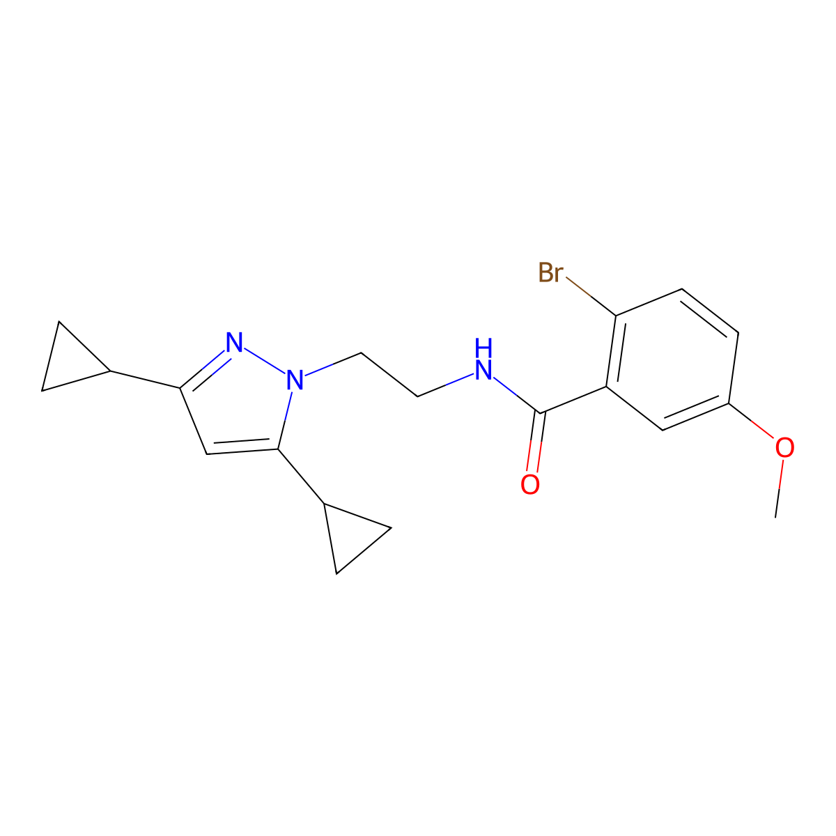 2-bromo-N-[2-(3,5-dicyclopropyl-1H-pyrazol-1-yl)ethyl]-5-methoxybenzamide molecular structure, CAS 2309733-28-4