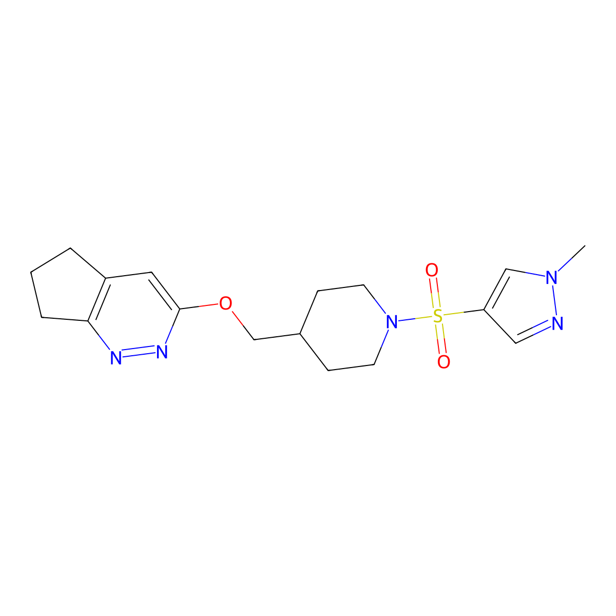 4-({5H,6H,7H-cyclopenta[c]pyridazin-3-yloxy}methyl)-1-[(1-methyl-1H-pyrazol-4-yl)sulfonyl]piperidine molecular structure, CAS 2309733-46-6