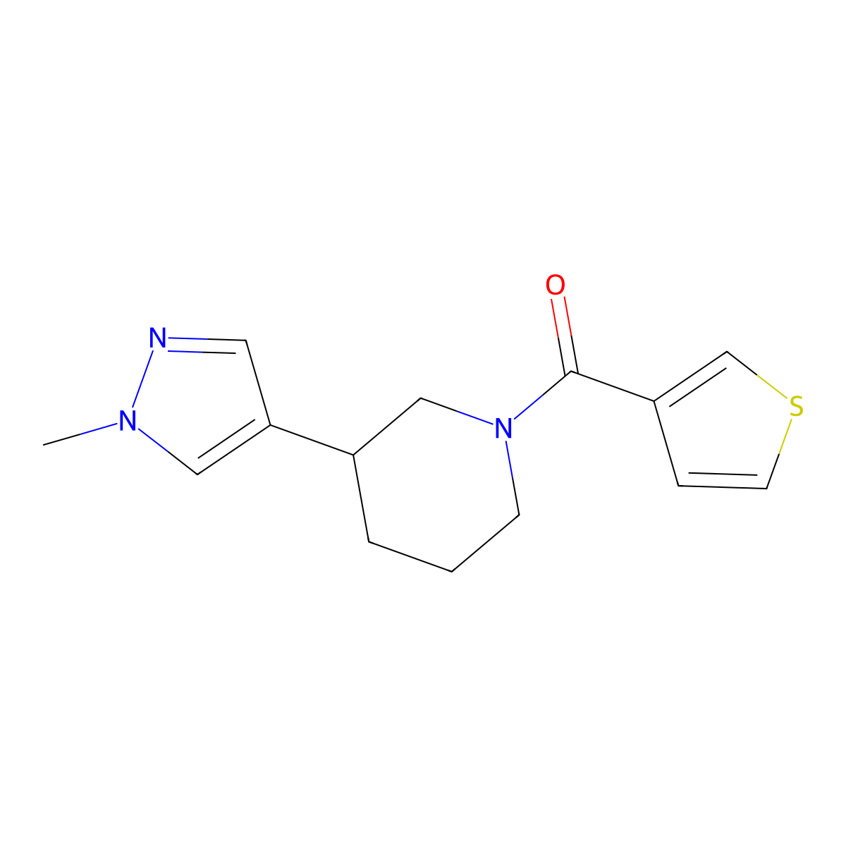 3-(1-methyl-1H-pyrazol-4-yl)-1-(thiophene-3-carbonyl)piperidine molecular structure, CAS 2309734-15-2