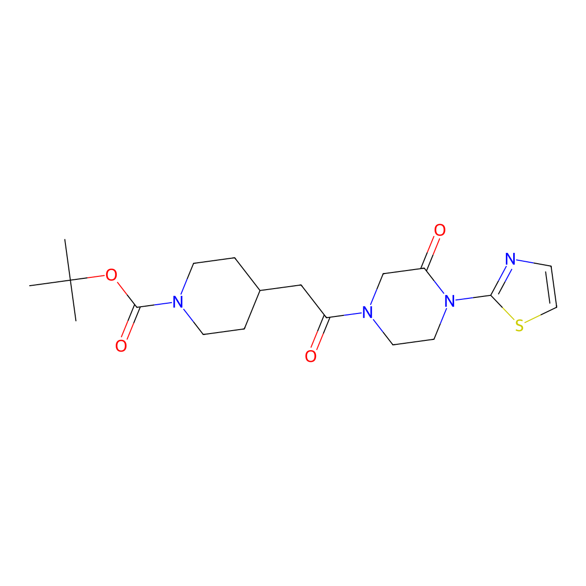 Tert-butyl 4-(2-oxo-2-(3-oxo-4-(thiazol-2-yl)piperazin-1-yl)ethyl)piperidine-1-carboxylate molecular structure, CAS 2309745-74-0