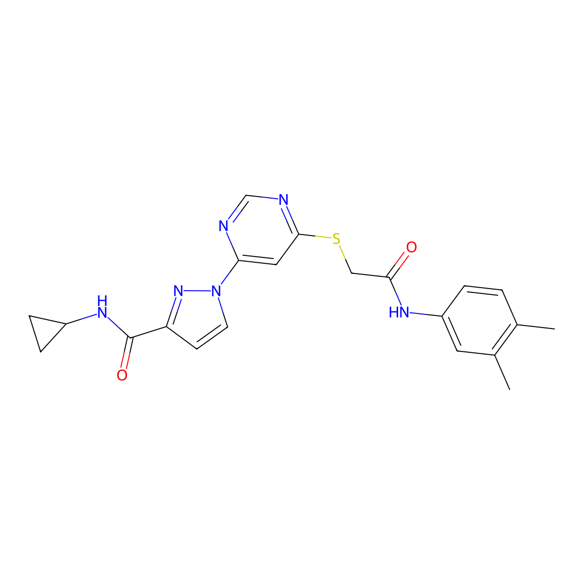 N-cyclopropyl-1-[6-({[(3,4-dimethylphenyl)carbamoyl]methyl}sulfanyl)pyrimidin-4-yl]-1H-pyrazole-3-carboxamide molecular structure, CAS 2309745-80-8