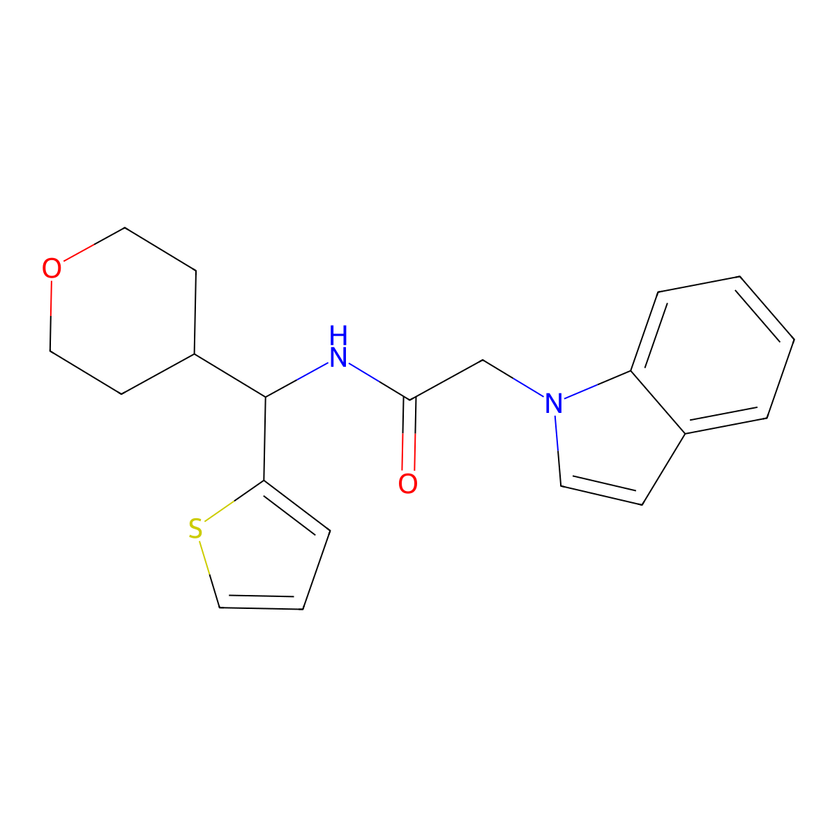 2-(1H-indol-1-yl)-N-[(oxan-4-yl)(thiophen-2-yl)methyl]acetamide molecular structure, CAS 2309746-46-9
