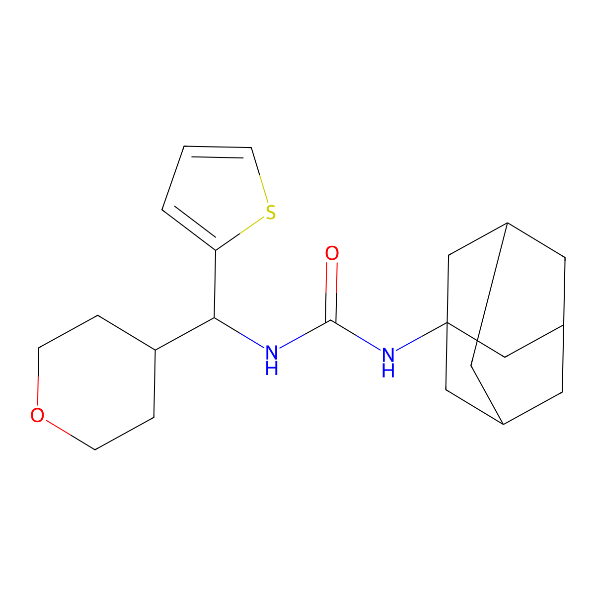 3-(Adamantan-1-yl)-1-[(oxan-4-yl)(thiophen-2-yl)methyl]urea molecular structure, CAS 2309747-06-4