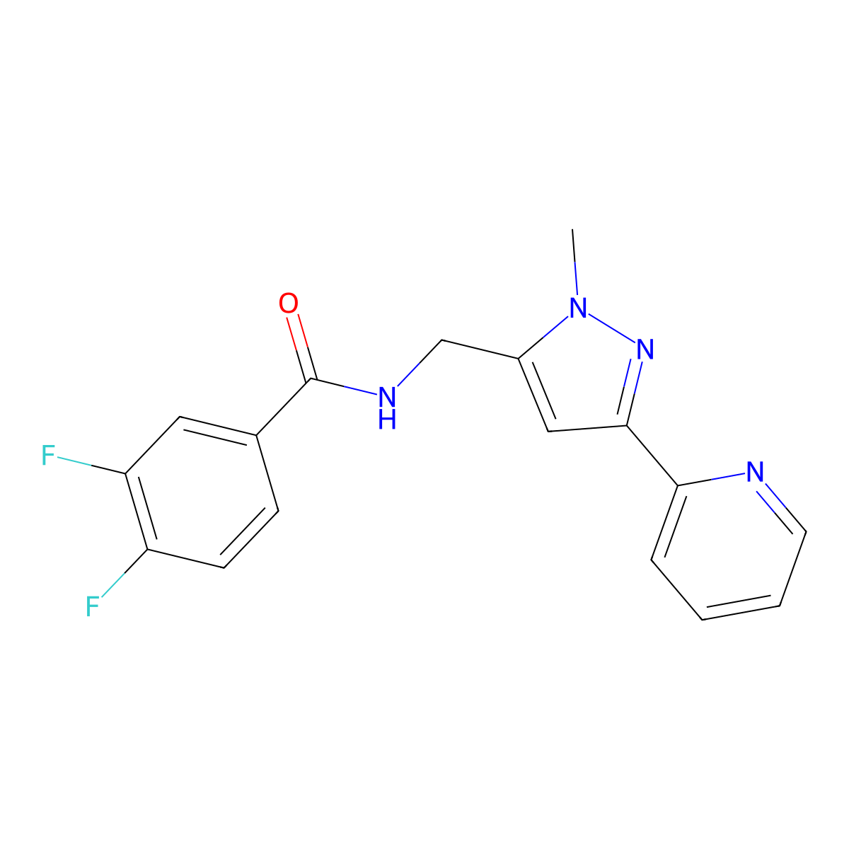 3,4-difluoro-N-{[1-methyl-3-(pyridin-2-yl)-1H-pyrazol-5-yl]methyl}benzamide molecular structure, CAS 2309747-63-3