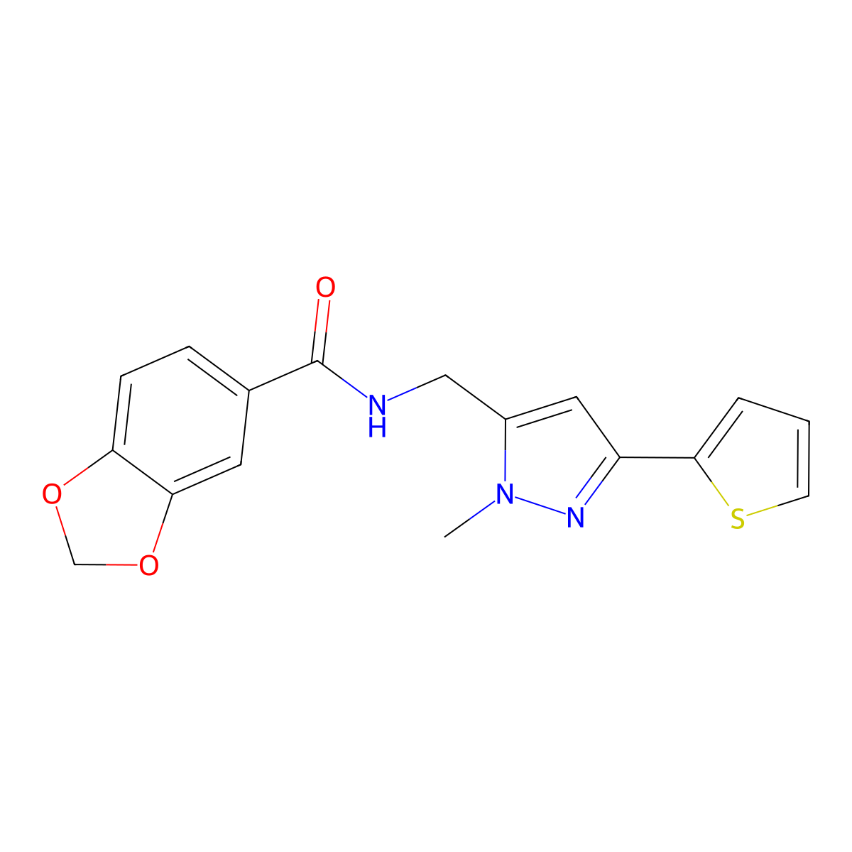 N-{[1-methyl-3-(thiophen-2-yl)-1H-pyrazol-5-yl]methyl}-2H-1,3-benzodioxole-5-carboxamide molecular structure, CAS 2309747-68-8