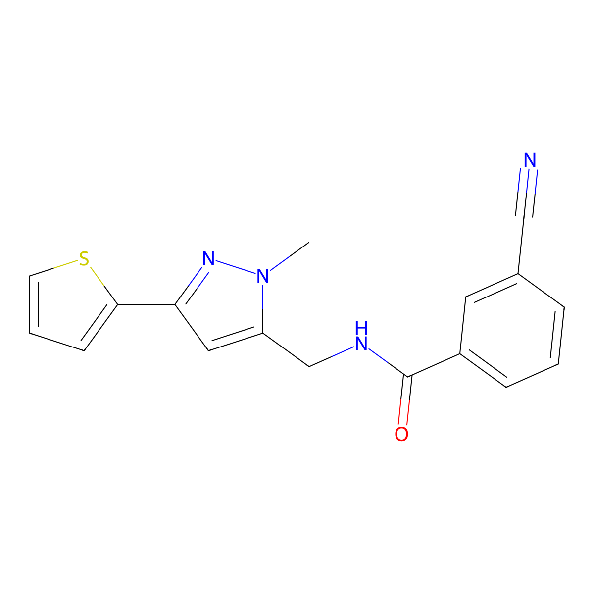 3-Cyano-N-[(2-methyl-5-thiophen-2-ylpyrazol-3-yl)methyl]benzamide molecular structure, CAS 2309747-84-8