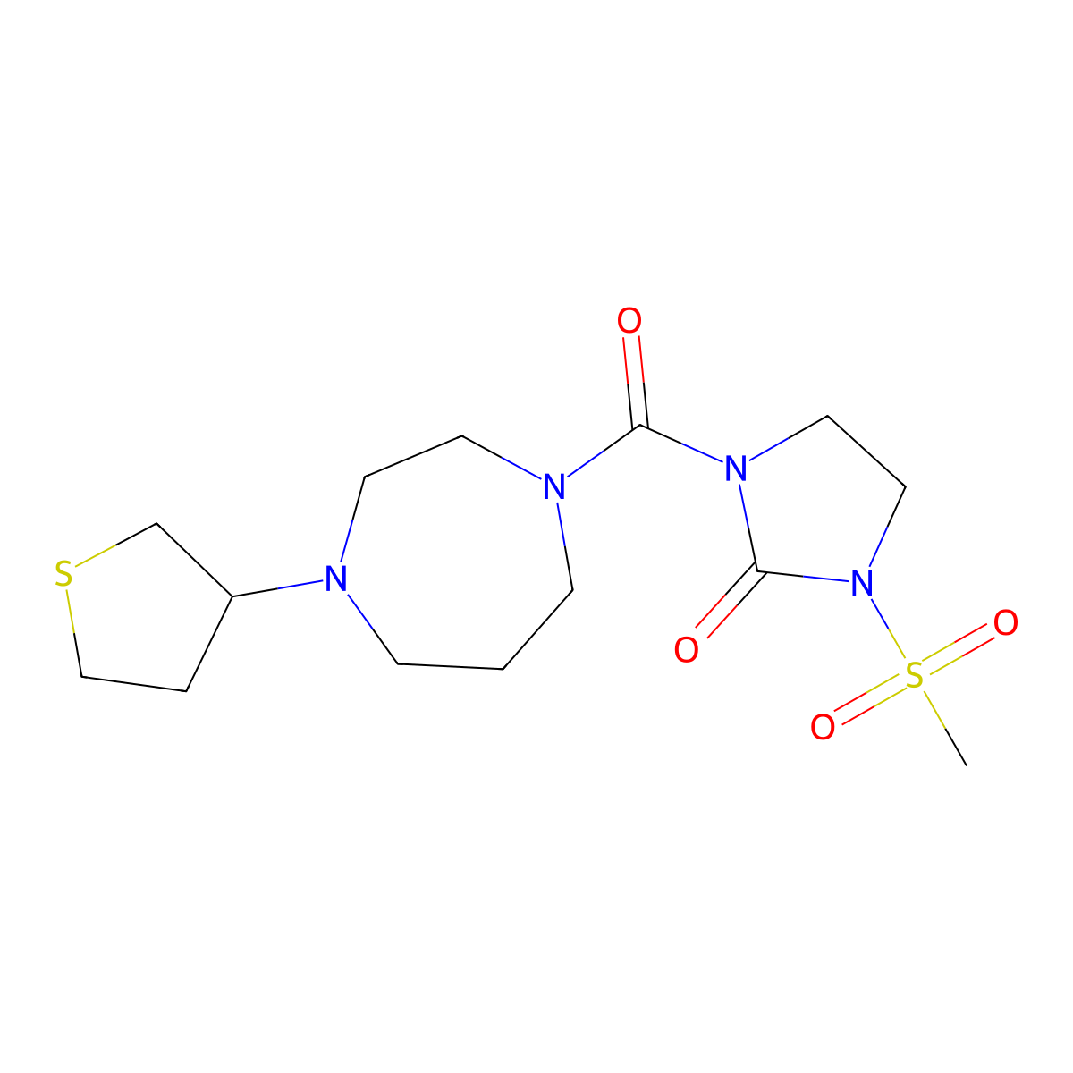 1-(Methylsulfonyl)-3-(4-(tetrahydrothiophen-3-yl)-1,4-diazepane-1-carbonyl)imidazolidin-2-one molecular structure, CAS 2309747-88-2