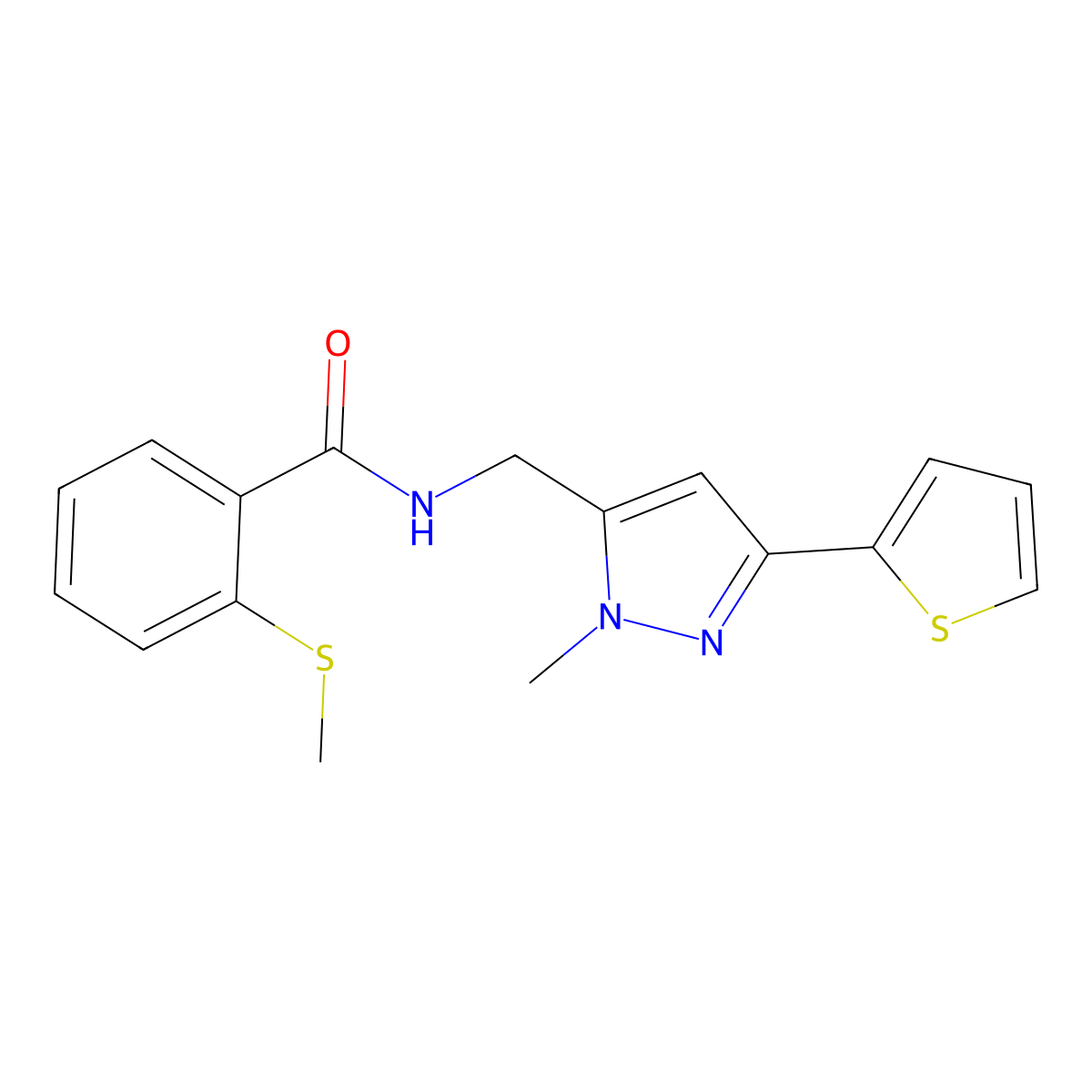 N-{[1-methyl-3-(thiophen-2-yl)-1H-pyrazol-5-yl]methyl}-2-(methylsulfanyl)benzamide molecular structure, CAS 2309748-03-4
